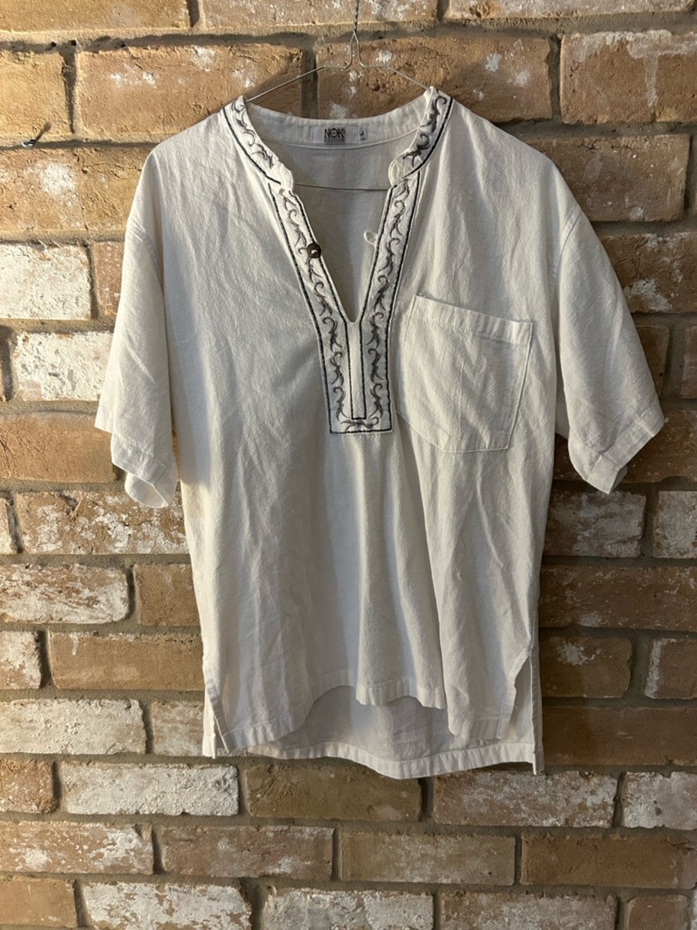 NOK Fashion Embroidered Henley Top White Boho Resort Women’s Size L